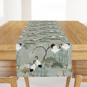 Japanese Cranes Table Runner - Japanese Garden Sage  by juditgueth - Chinoiserie Cherry Blossoms Cotton Sateen Table Runner by Spoonflower