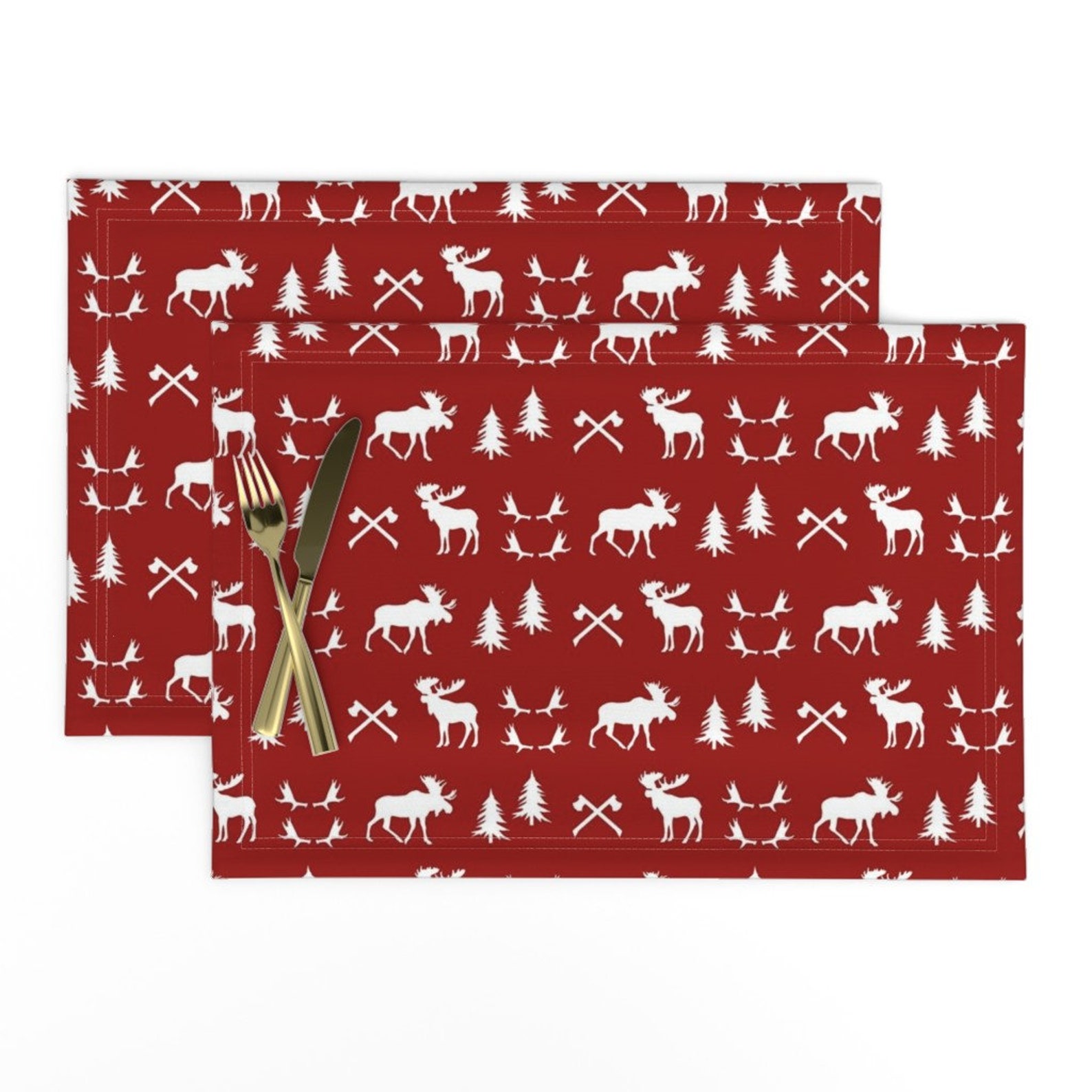 Christmas Placemats set of 2 Moose Trail Dark Red by Etsy