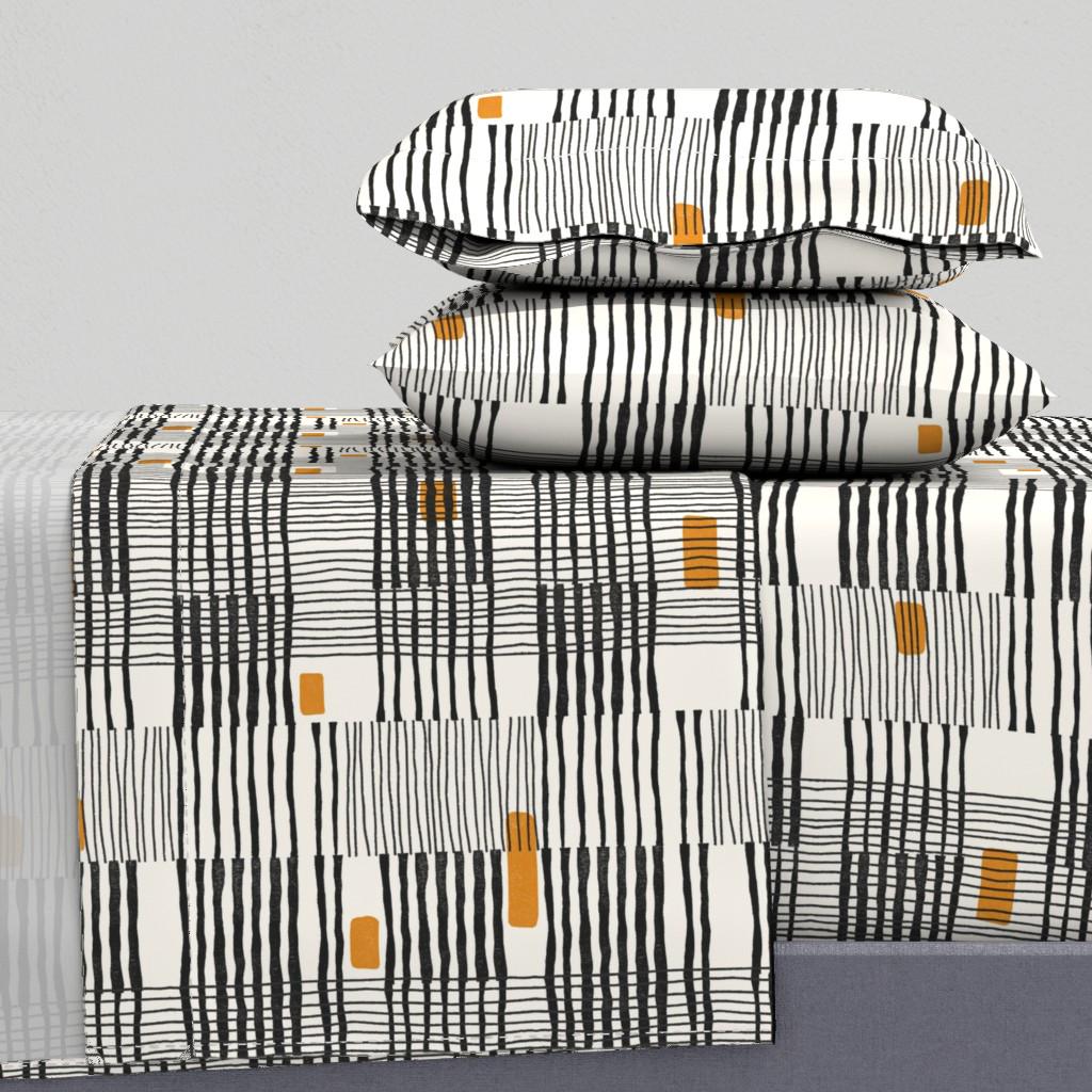 Abstract Plaid Sheets - Modern Plaid by malerin_creative - Block Print Orange Black Cream Cotton Sateen Sheet Set Bedding by Spoonflower