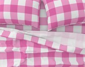 Pink Buffalo Plaid Sheets - Buffalo Check In Pink by domesticate - Pink White Large Scale Cotton Sateen Sheet Set Bedding by Spoonflower