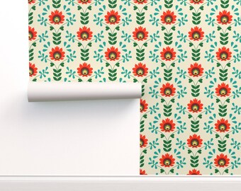 Folk Art Floral Commercial Grade Wallpaper - Folksy Floral by holli_zollinger - Scandi Damask Wallpaper Double Roll by Spoonflower