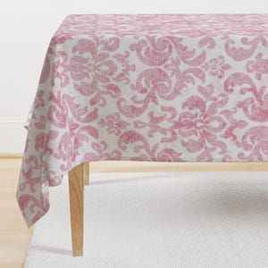 Damask Tablecloth - Damask Worn Raspberry by willowlanetextiles - Vintage Inspired Ikat Home Decor  Cotton Sateen Tablecloth by Spoonflower