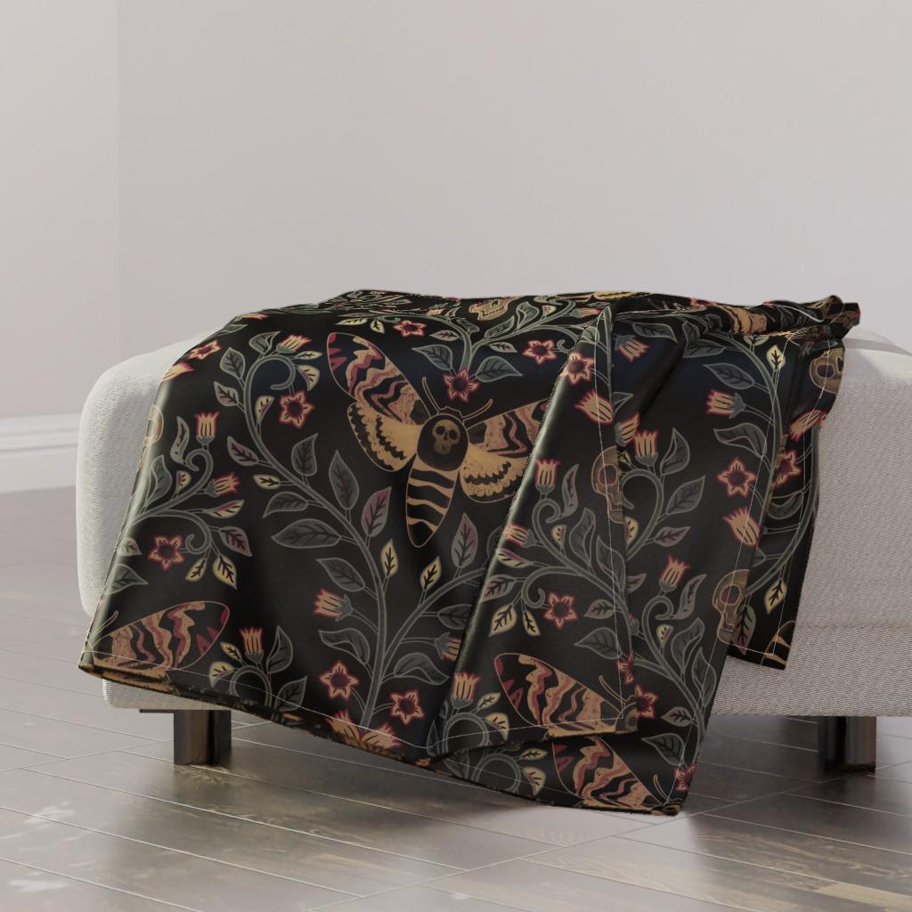 Death Head Moth Throw Blanket - Gothic Belladonna Skull Black Green Large Scale Throw Blanket - Death Head Damask by lu_repeating