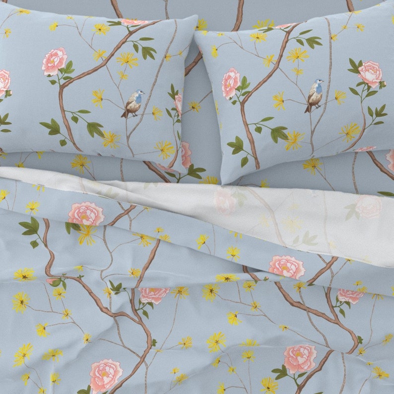 Jenny Peony In Cornflower by domesticate Chinoiserie Sheets Asian Inspired French Garden Cotton Sateen Sheet Set Bedding by Spoonflower