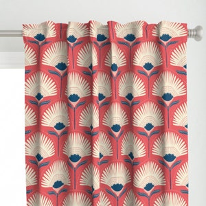 Jumbo Floral Fans Curtain Panel -  Aara Floral by scarlet_soleil - Flower Art Deco Coral Pink Navy Blue  Custom Curtain Panel by Spoonflower