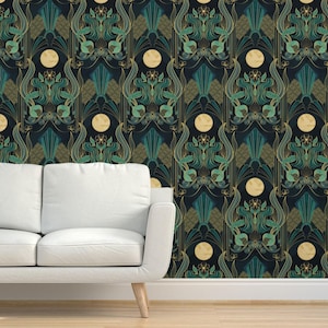 1920s Mermaid Textured Grasscloth Wallpaper - Mermaid In Moonlight by laura_may_designs - Fantasy Moon Natural Sisal Wallpaper Spoonflower