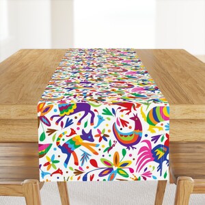 Mexican Otomi Animal Table Runner - Bright Party Mexico Rainbow Folk Art Colorful Cotton Sateen Table Runner - Mexico Springtime by sammyk