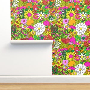 Psychedelic Floral Non-Pasted Wallpaper - 60&#39;s Groovy Garden by yesterdaycollection - Maximalist Wallpaper Double Roll by Spoonflower