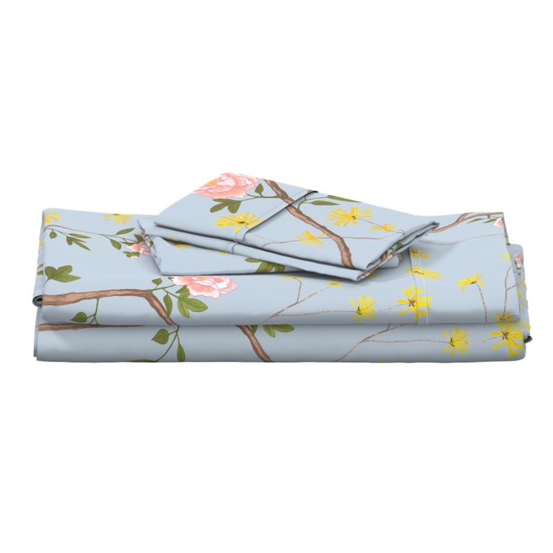 Jenny Peony In Cornflower by domesticate Chinoiserie Sheets Asian Inspired French Garden Cotton Sateen Sheet Set Bedding by Spoonflower