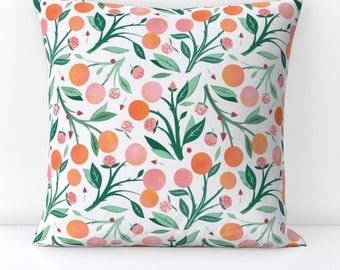 Watercolor Citrus Throw Pillow - Peaches And Peony Buds by carlywatts - Peach  Kitchen Decorative Square Throw Pillow by Spoonflower