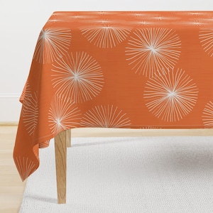 Mid Century Modern Tablecloth - Mod Orange Dandelions by friztin - Circle Snowflake Dandelion White Cotton Sateen Tablecloth by Spoonflower