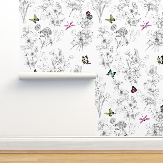 Butterflies Non-Pasted Wallpaper Butterfly Sketch Black And White - Le Papillon by willowlanetextiles Wallpaper Double Roll by Spoonflower