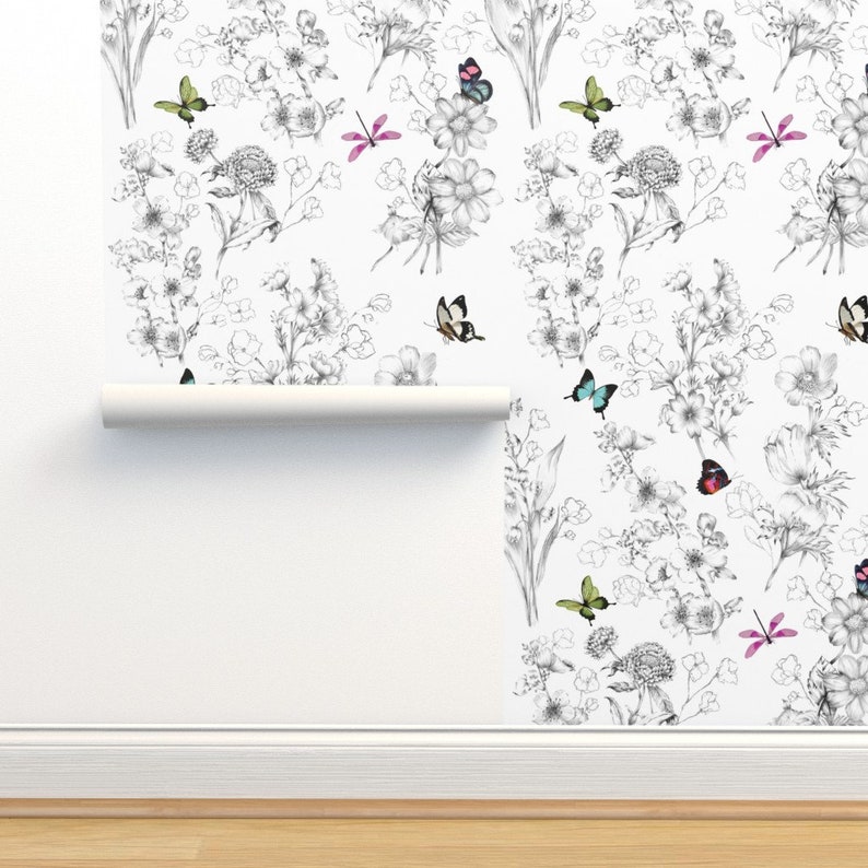 Butterflies Non-Pasted Wallpaper Butterfly Sketch Black And White - Le Papillon by willowlanetextiles Wallpaper Double Roll by Spoonflower image 1