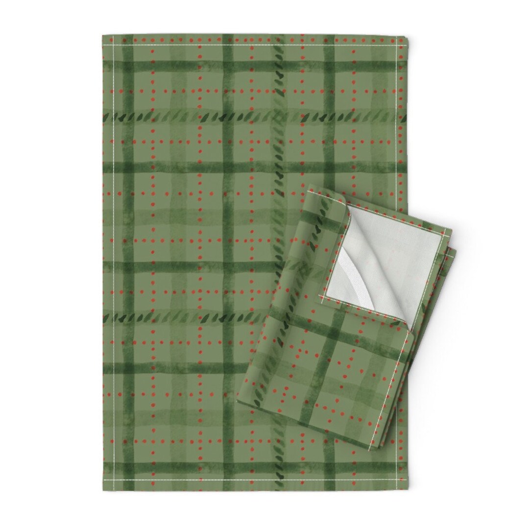 Sage Green Tartan Tea Towels set of 2 Watercolor Christmas Plaid by Dj