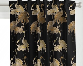 Panel de cortina negro - Grúas Art Déco de shellyturnerdesigns - Birds Deco Designer Cranes Onyx Egret Custom Curtain Panel de Spoonflower