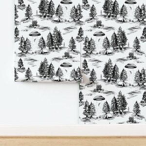 Ufo Non-Pasted Wallpaper Whimsical Large Scale Black And White - Alien Abduction Toile De Jouy by somecallmebeth Wallpaper by Spoonflower