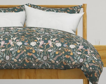 Moody Floral Bedding - Naturalist Lagoon by shellyturnerdesigns - Dark Botanical Cotton Sateen Duvet Cover OR Pillow Shams by Spoonflower