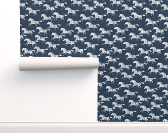 Galloping Horses Commercial Grade Wallpaper - Wild Horses Blue by littlearrowdecor - Southwestern Boho Wallpaper Double Roll by Spoonflower