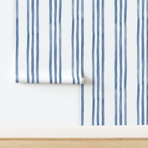 Coastal Non-Pasted Wallpaper - Watercolor Stripes by hipkiddesigns - Vertical Blue White Nautical Beach Wallpaper Double Roll by Spoonflower