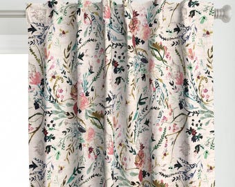 Romantic Floral Curtain Panel - Fable Floral Blush by nouveau_bohemian - Woven Look Watercolor Blooms Custom Curtain Panel by Spoonflower