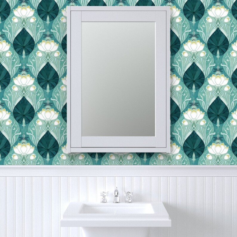 Art Nouveau Commercial Grade Wallpaper Teal Waterlily by Etsy