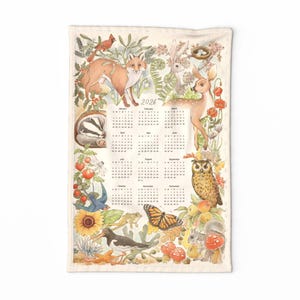 2026 Calendar Tea Towel - Illustrated Seasons  by taranealart - Nature Woodland Animals Plants Linen Cotton Canvas Tea Towel by Spoonflower