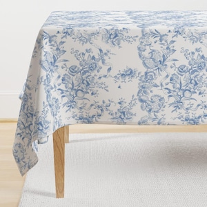 Blue Tablecloth - Blueberry Toile by lilyoake - Toile Fruit Roses Bee Blueberry Rococo Cottage Chic Cotton Sateen Tablecloth by Spoonflower