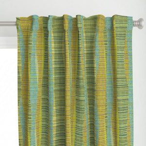 Mid Century Modern Curtain Panel - Olive Lines by theodesign - Olive Green Aqua Retro 1960s Atomic Era Custom Curtain Panel by Spoonflower
