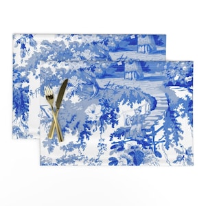 Chinoiserie Placemats (Set of 2) - Chinoiserie Palace Blue by peacoquettedesigns - Toile Du Jouy Nature Cloth Placemats by Spoonflower