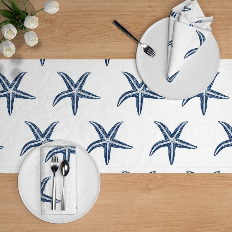 Marine Life  Ocean Starfish Beach Cotton Sateen Table Runner by Spoonflower Nautical Table Runner I Wish Upon A Starfish by lisakling