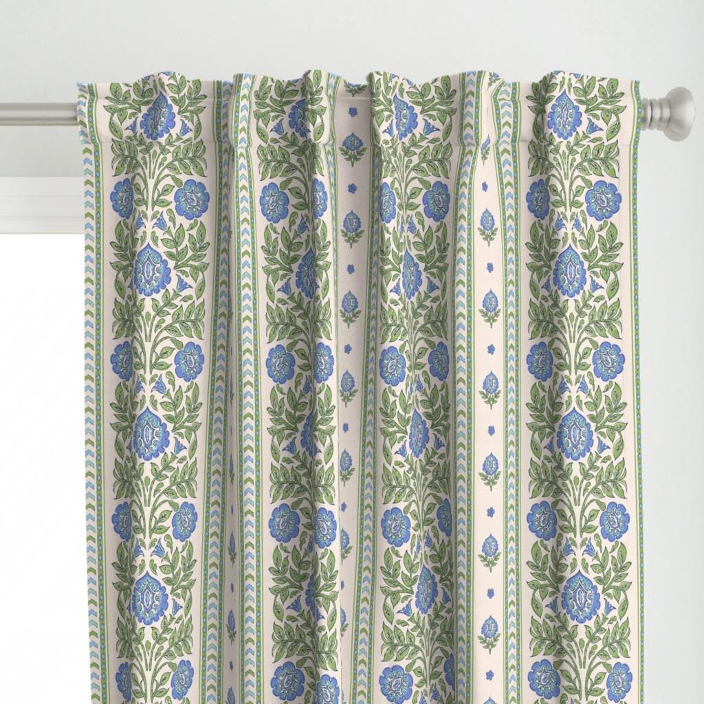Indian Floral Curtain Panel - Aprajita Block Print by gargipanwar - Blue Flowers Green Botanical Stamped Custom Curtain Panel by Spoonflower