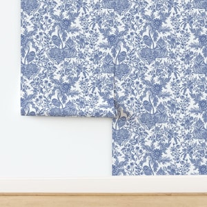 Chintz Floral Non-Pasted Wallpaper Blue White Vintage Traditional Cobalt White - Dutch Ware by peacoquettedesigns Wallpaper by Spoonflower