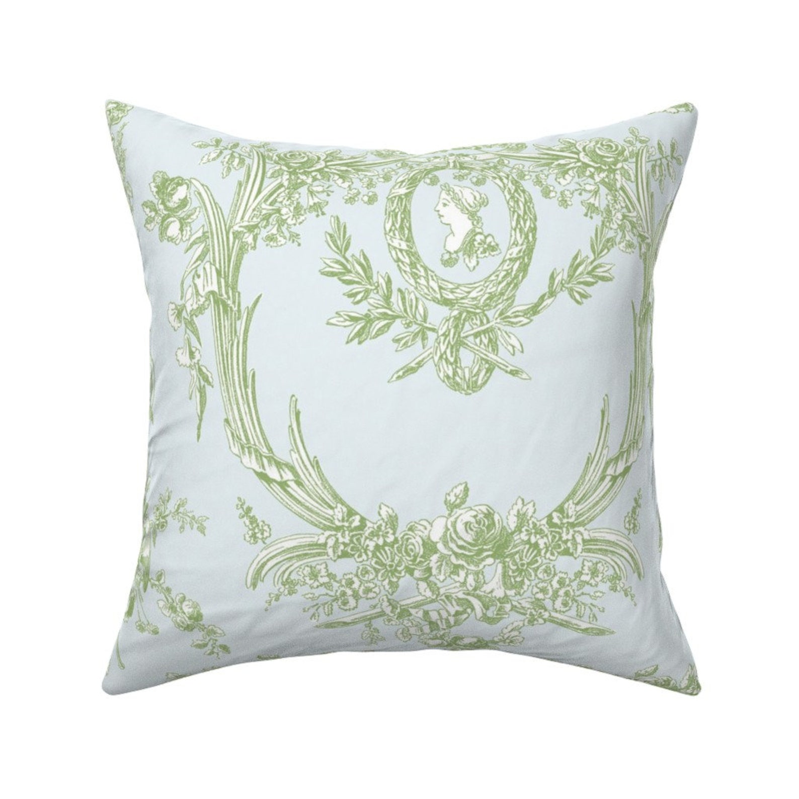 French Throw Pillow Marie Toile Basil Green On Blue by | Etsy