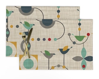 Mid Century Modern Placemats (Set of 2) - Birdland In Green by vo_aka_virginiao - Retro Geometric Nursery Cloth Placemats by Spoonflower