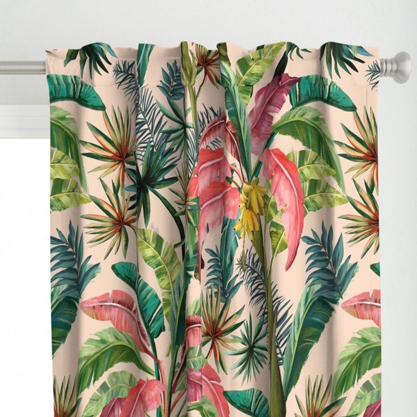 Pink Curtain Panel - Tropical Banana Palm by chrissyink -  Vintage Green Botanical Palm Tropical Blush  Custom Curtain Panel by Spoonflower