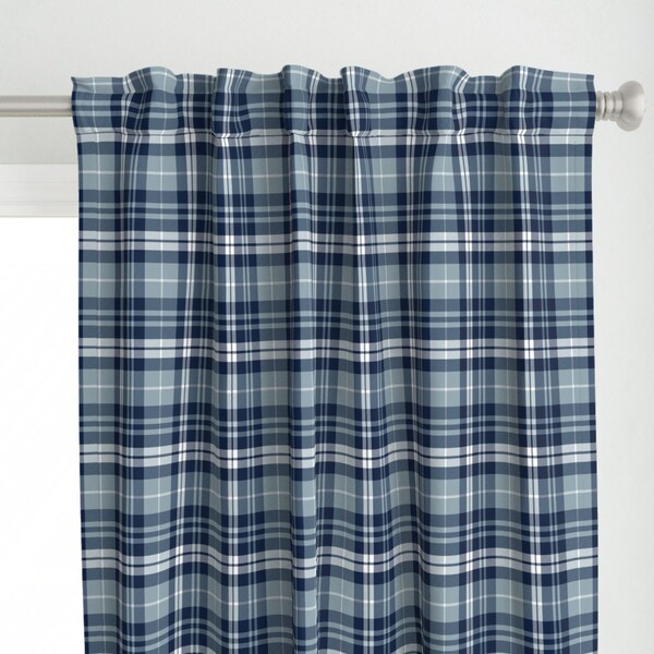 Denim Blue Plaid Curtain Panel - Fall Plaid by littlearrowdesign - Fall Plaid Navy Blue Winter Autumn Custom Curtain Panel by Spoonflower