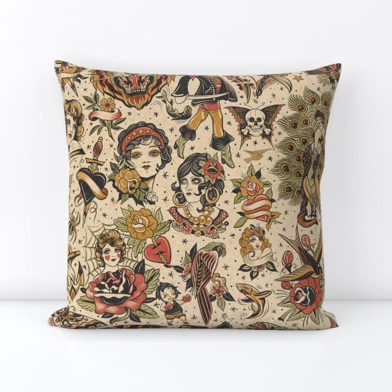 Retro Tattoos Throw Pillow - Vintage Style Art Traditional Neutral Decorative Square Throw Pillow - Traditional Tattoo by dacha_dreamland image 2