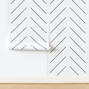 Herringbone Non-Pasted Wallpaper Black White Chevron Zig Zag Neutral Mudcloth - Simple Diagonal Lines by taraput Wallpaper by Spoonflower