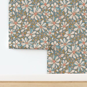 Blue Boho Floral Non-Pasted Wallpaper - Refined Bohemian Flower by krystinmann - Retro Botanical Meadow Wallpaper Double Roll by Spoonflower