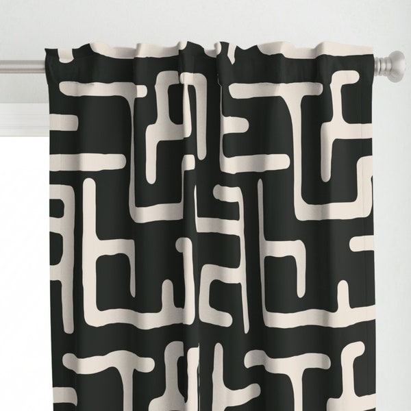 African Geometric Curtain Panel - Kuba In Black by domesticate - Abstract Lines Beige Black Geo Lines Custom Curtain Panel by Spoonflower