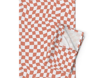 Torchons rétro à carreaux ondulés (Lot de 2) - Carreaux orange par tessab_studio - Torchons à vaisselle ondulés damier lin et coton des années 1990 par Spoonflower