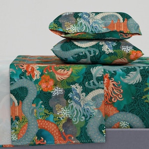 Japanese Dragon Sheets - Ryu Ocean Dragon Blue by hnldesigns - Folklore Maximalist  Cotton Sateen Sheet Set Bedding by Spoonflower