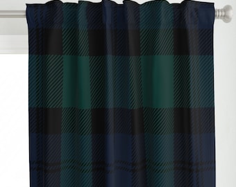 May include: A dark green and black plaid curtain panel with a subtle blue and black plaid pattern.