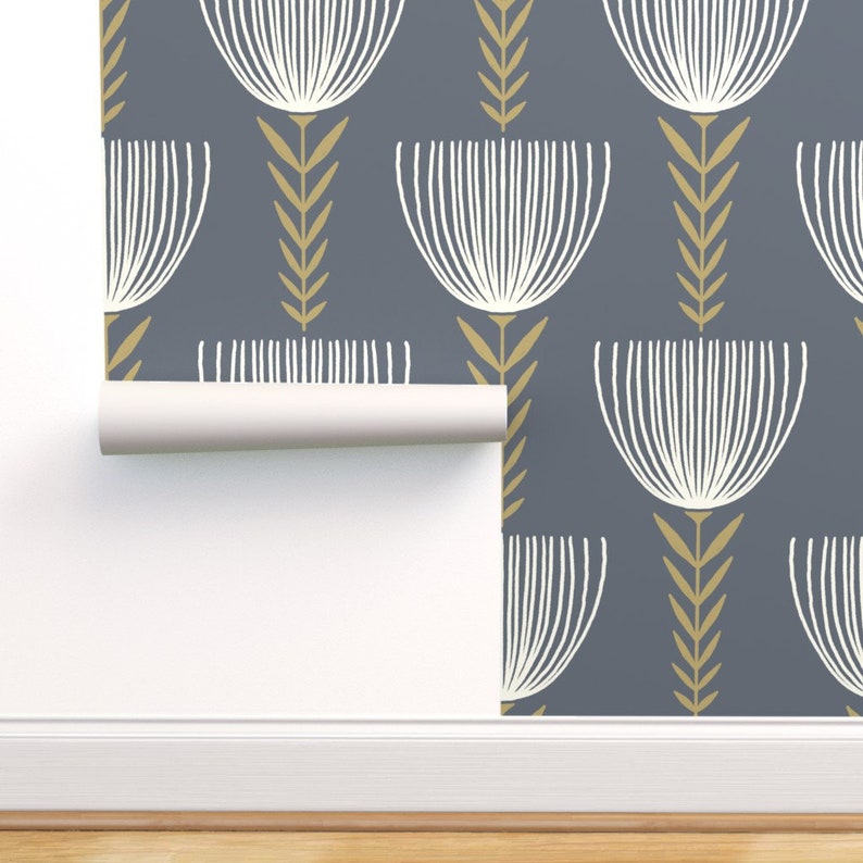 Retro Mod Floral Commercial Grade Wallpaper Flora Gray by Etsy