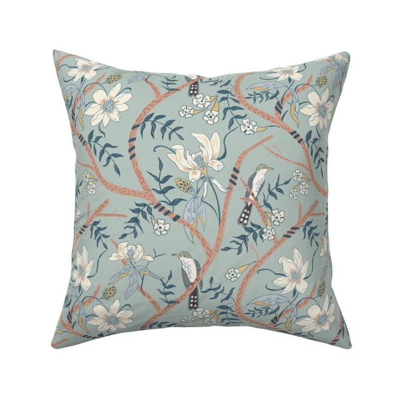 Birds Flowers 18x18 Square Throw Pillow by Spoonflower Yellow Billed Cuckoo by katie/_hayes Jungle Chinoiserie Throw Pillow