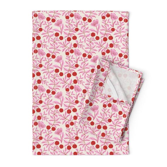 Rosa Geschirrtücher 2er Set Creme Blumen Blätter Ranken Rot Floral Valentineen Flora Leinen Baumwolle - Rosa und Rote Florale Ranken von tarareed