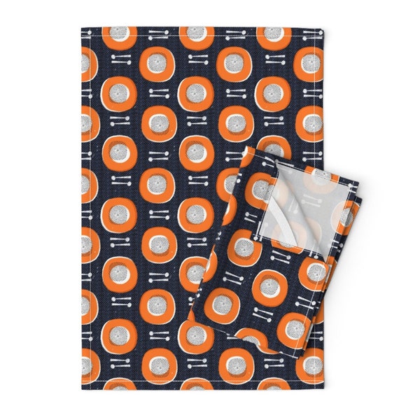 Retro Mod Tea Towels (Set of 2) - Drums Orange And Navy by ottomanbrim - Mid Century Modern Vintage  Linen Cotton Tea Towels by Spoonflower