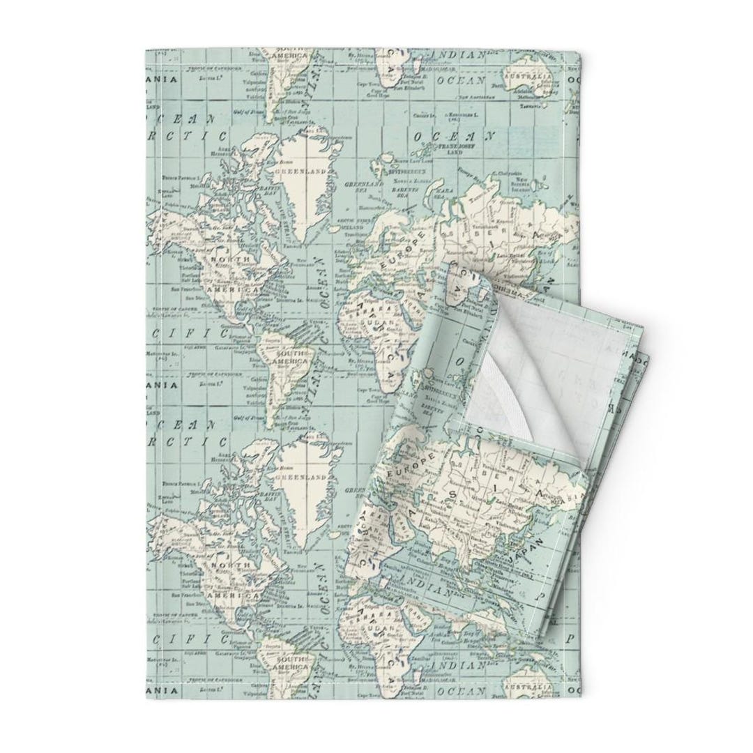 Vintage Maps Tea Towels Set of 2 - Blue and Cream World Map Geography ...