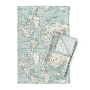 Vintage Maps Tea Towels (Set of 2) - Soft Blue And Cream Map by aftermyart - Blue And Cream World Map Linen Cotton Tea Towels by Spoonflower