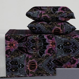 Raven Sheets - Dark Gothic Large Scale by byre_wilde - Damask Spooky Bat Witch Skull Pumpkin Cotton Sateen Sheet Set Bedding by Spoonflower